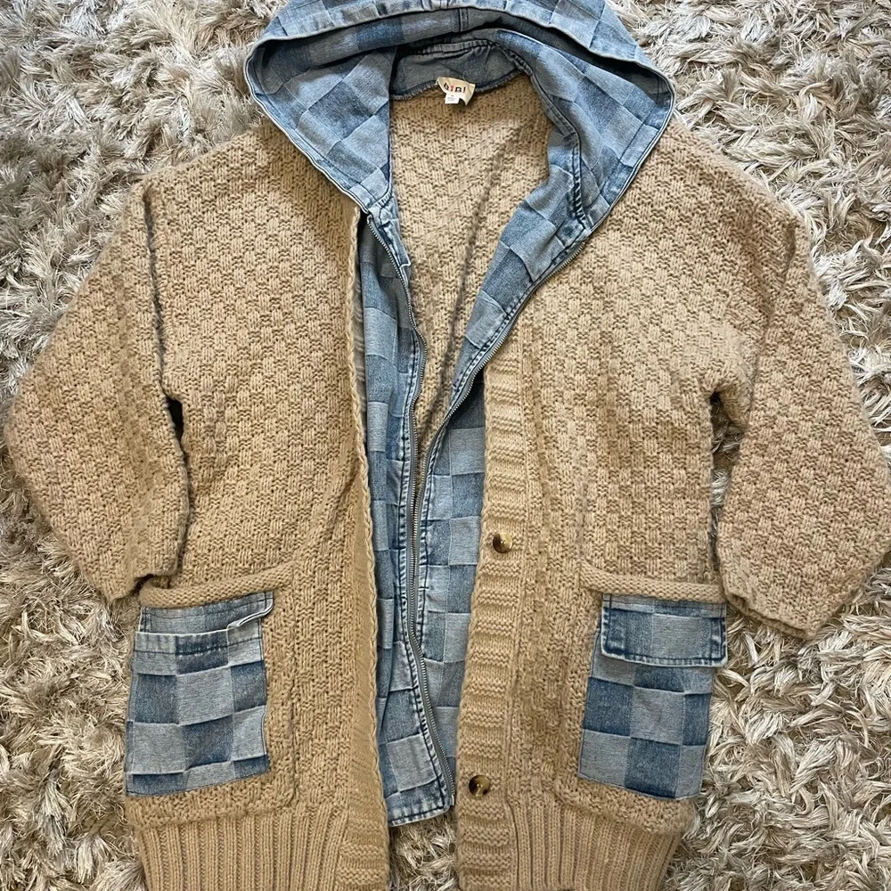 BiBi Tan Cardigan with Blue Denim Details - Picture 2 of 2